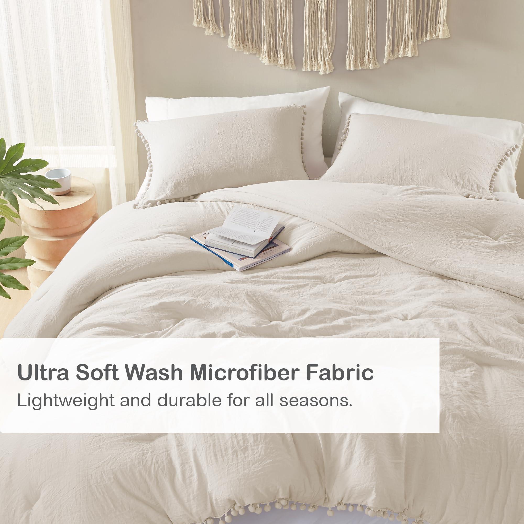 Codi Codi Beige Comforter Set Queen - Boho Aesthetic Pom Fringe Bedding for Teen Girls, Cute Soft Washed Microfiber Taupe Bed Sets, Lightweight 3pcs,1 Comforter & 2 Pillowcases (90x90 Inches)