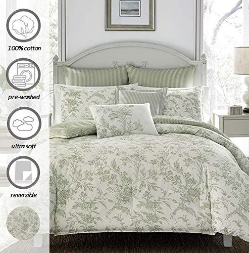 Laura Ashley Laura Ashley Home - King Size Comforter Set, Reversible Cotton Bedding, Includes Matching Shams with Bonus Euro Shams & Throw Pillows (Natalie Sage/Off White, King)