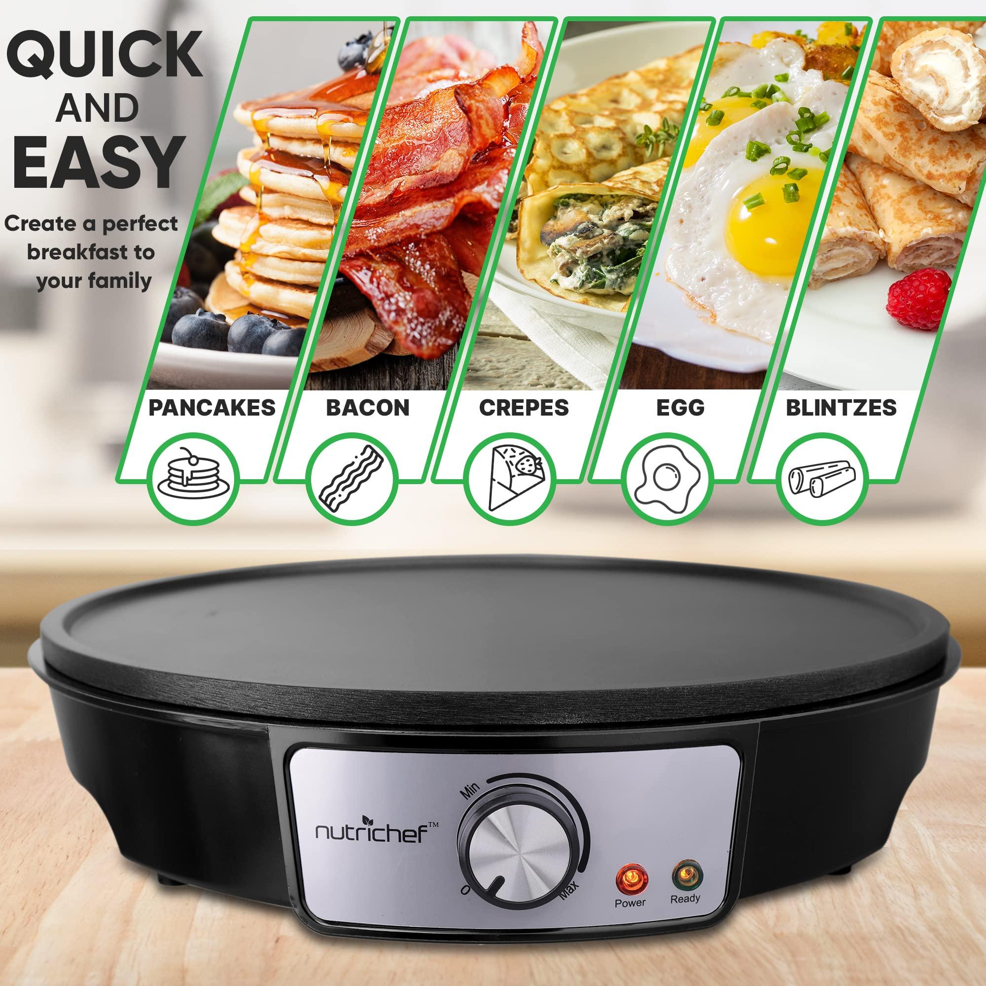 nutrichef Nutrichef Electric Crepe Maker & Griddle Cooktop - Nonstick 12 Inch Aluminum Hot Plate with LED Indicator Lights & Adjustable Temperature Control - Wooden Spatula & Batter Spreader Included