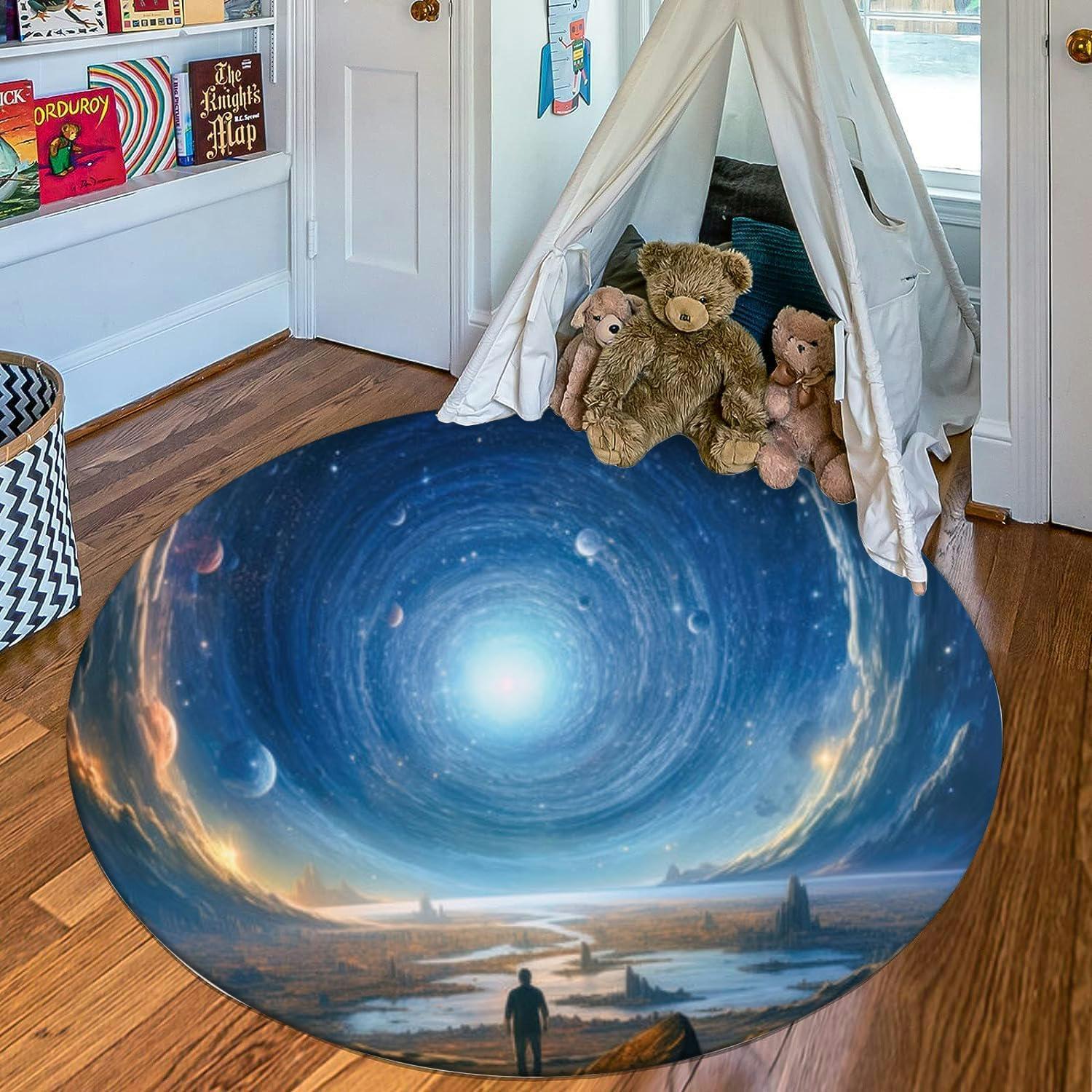 ZaCosy Round Rug 4ft Circle Area Rug Depiction a Space Explorer Standing Alone a Foreign Planet observing Carpet Washable Small Round Rugs for Bedroom Aesthetic Bathroom Laundry Living Room Kitchen Outdoor