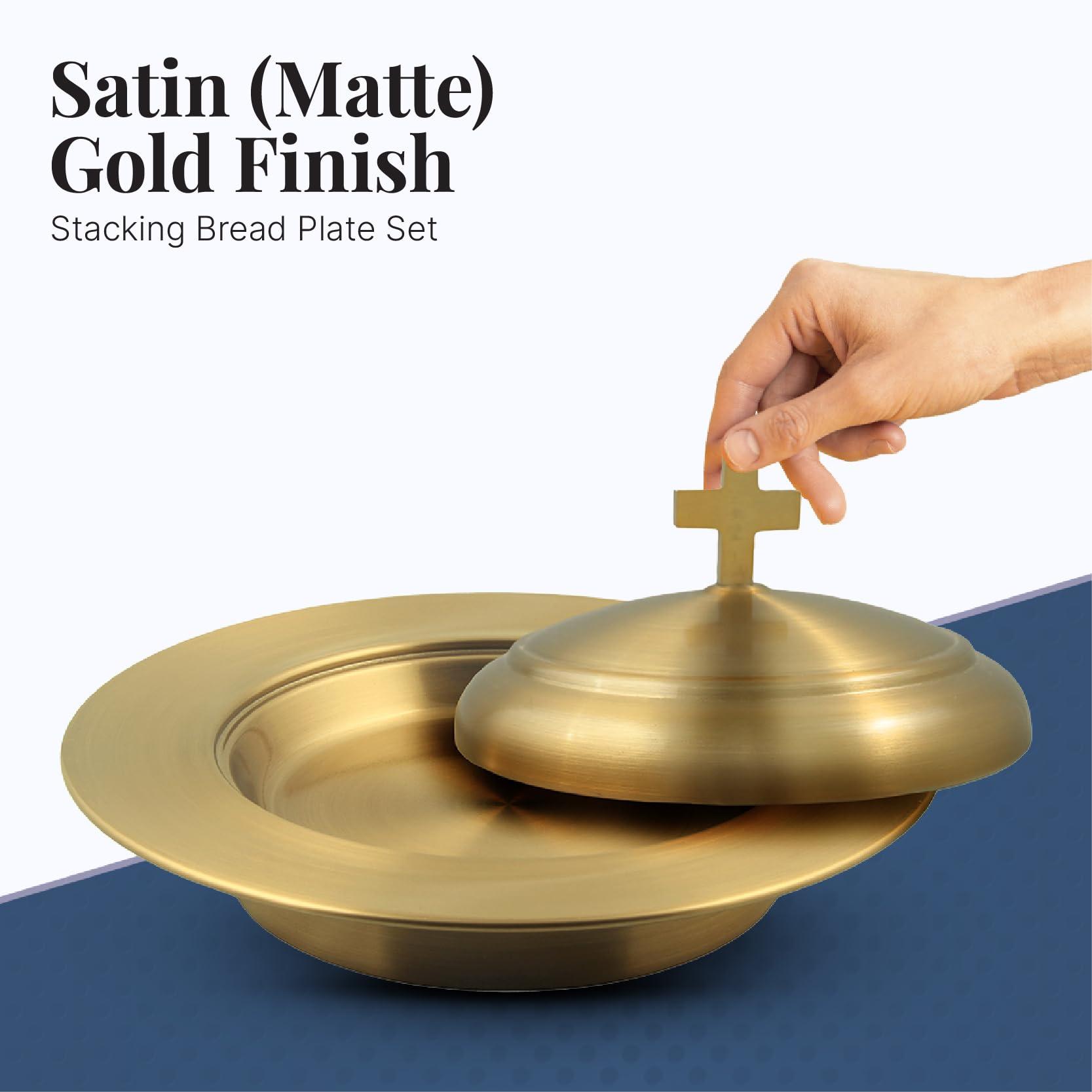 Mayur Exports Communion Ware Holy Wine Serving Tray with A Lid & A Stacking Bread Plate with A Lid - Stainless Steel (Brass/Gold)