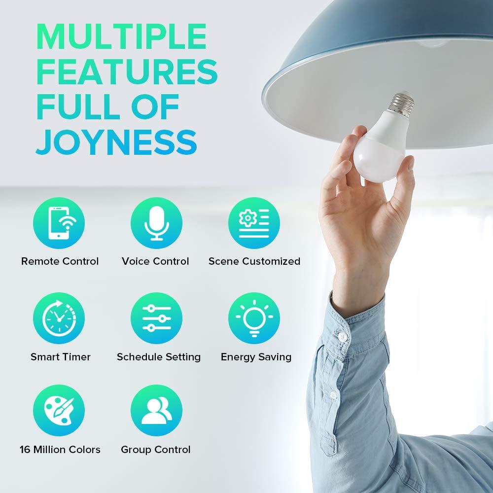 3Stone Smart Light Bulbs, 3Stone 100W Equivalent WiFi LED Color Changing Bulb Dimmable 2700K-6500K RGBCW, Compatible with Alexa, Google Home 2.4Ghz Only, A21 10W E26 Tunable White, No Hub Required 4 Pack