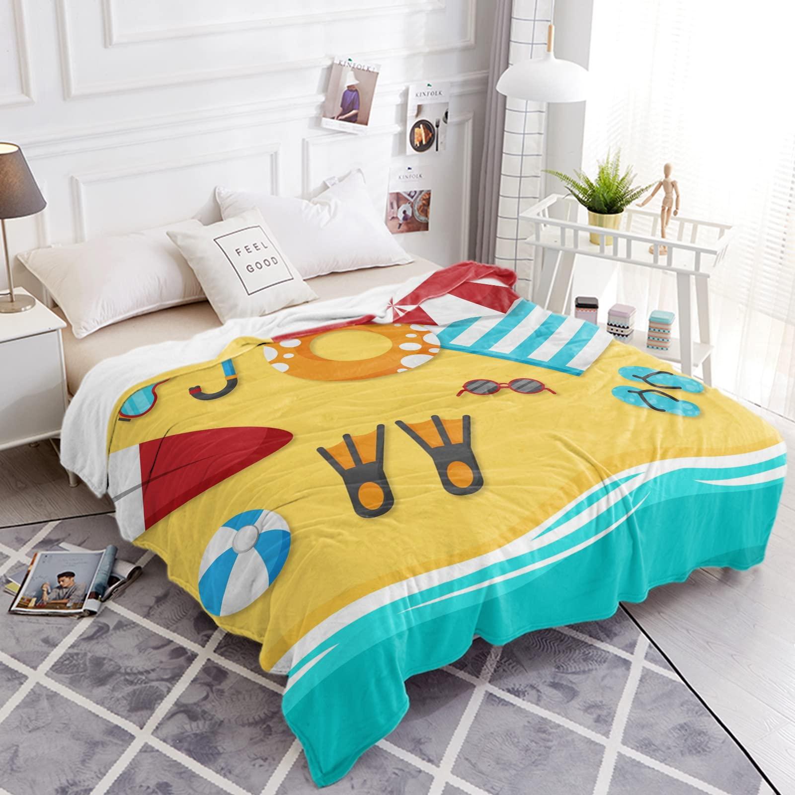 BOSIJOY Flannel Throw Blanket Ocean Summer Beach Ball Surfboard Swim Ring,Lightweight Soft Warm Fleece Blankets Sofa Couch Bedroom,Cartoon Marine Diving Flip-Flops Cozy Fuzzy Microfiber Throws 50x60In