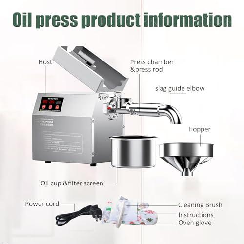 Fablestoryem Electric Oil Press Machine,Cold Hot Press All Stainless Steel Oil Extractor,820W Food Grade Automatic Oil Extractor for Commercial Home,Peanut Sesame Canola Coconut Sunflower Seeds,110V