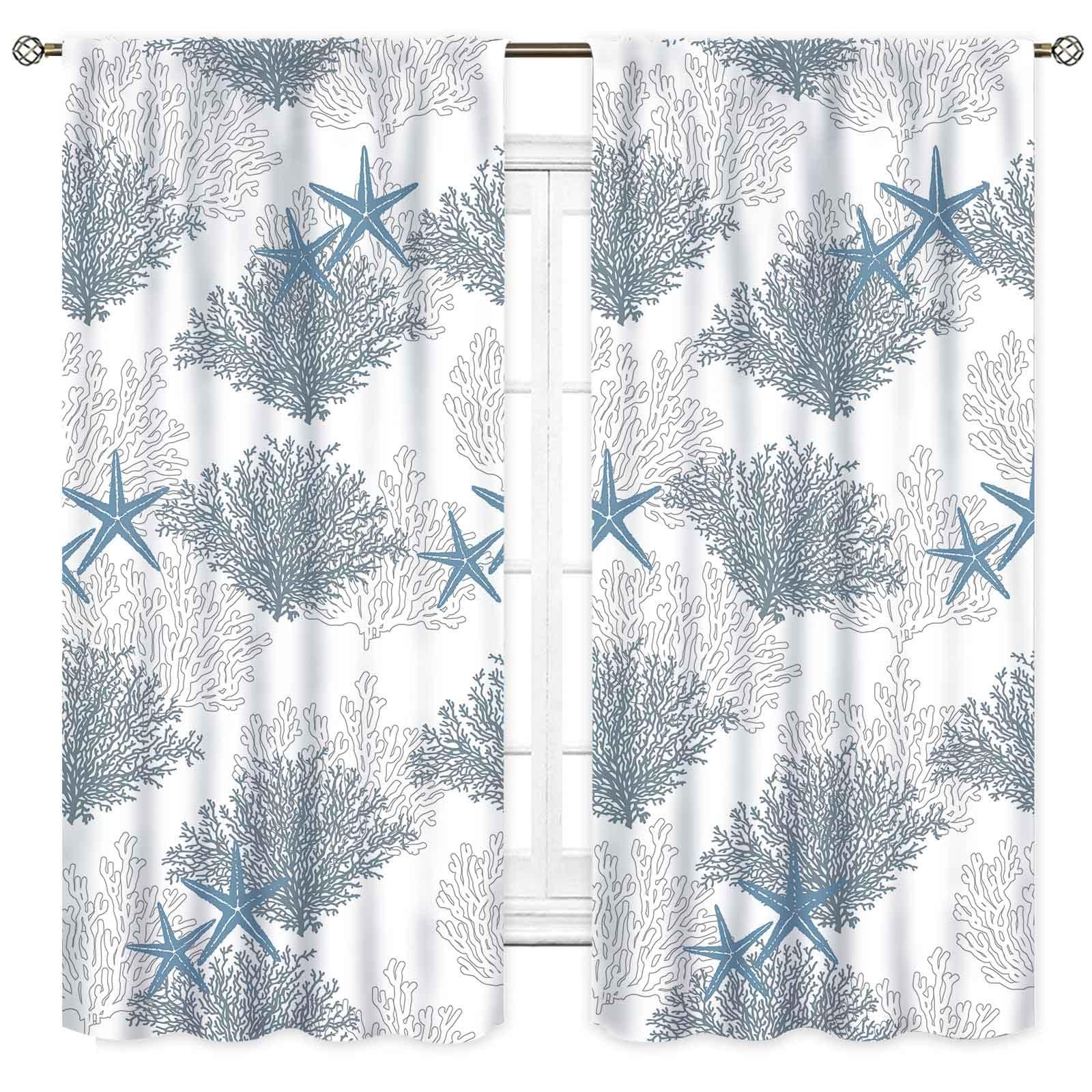 TKUYO Nautcial Starifish Window Curtains, Beach Theme Coastal Seashell Starfish Blue Coral Rod Pocket Drapes for Bedroom Living Room Kids Room Bathroom Kitchen Window Treatments 2 Panel Sets, 63"x63" Inch
