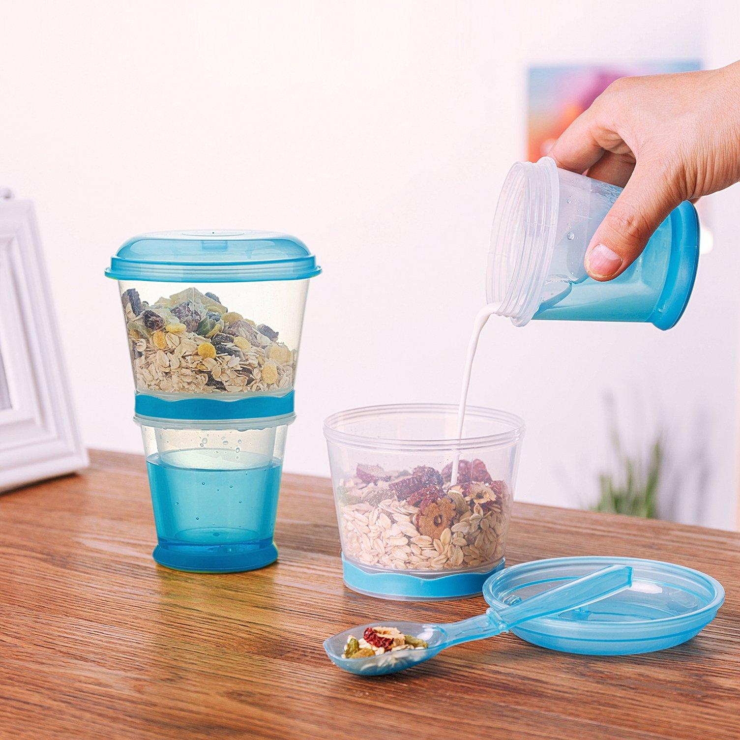 Pogah Cereal On The Go, Cup Container Breakfast Drink Milk Cups Portable Yogurt and Travel To-Go Food Containers Storage With Spoon(Blue)