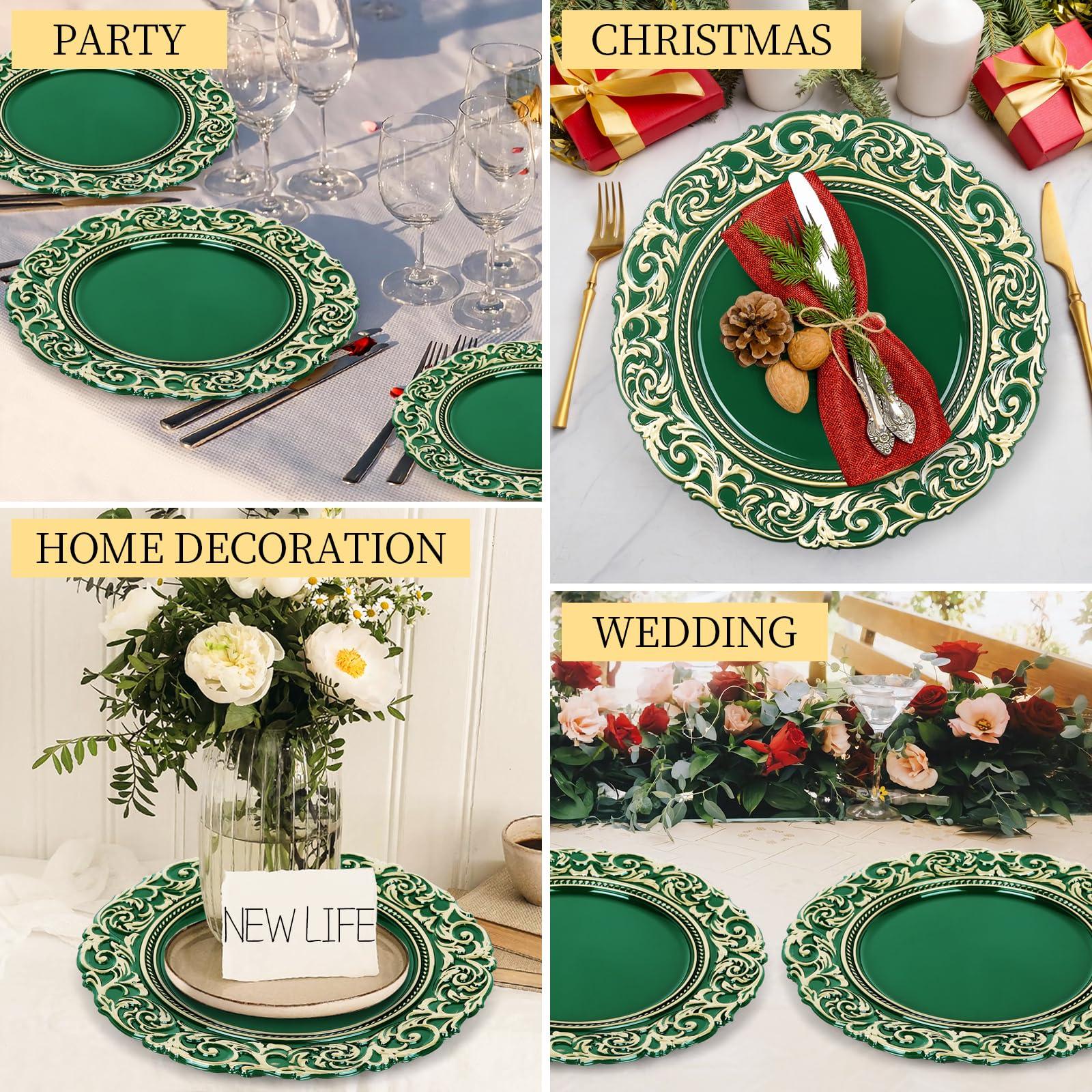 YXZHUOYU YXZHUOYU Antique Charger Plates, Set of 6 Plastic Embossed, Green Charger Plate, 13 Inch, Elegant Charger Plates, Plate Set, Decorative Chargers for Dinner Plates