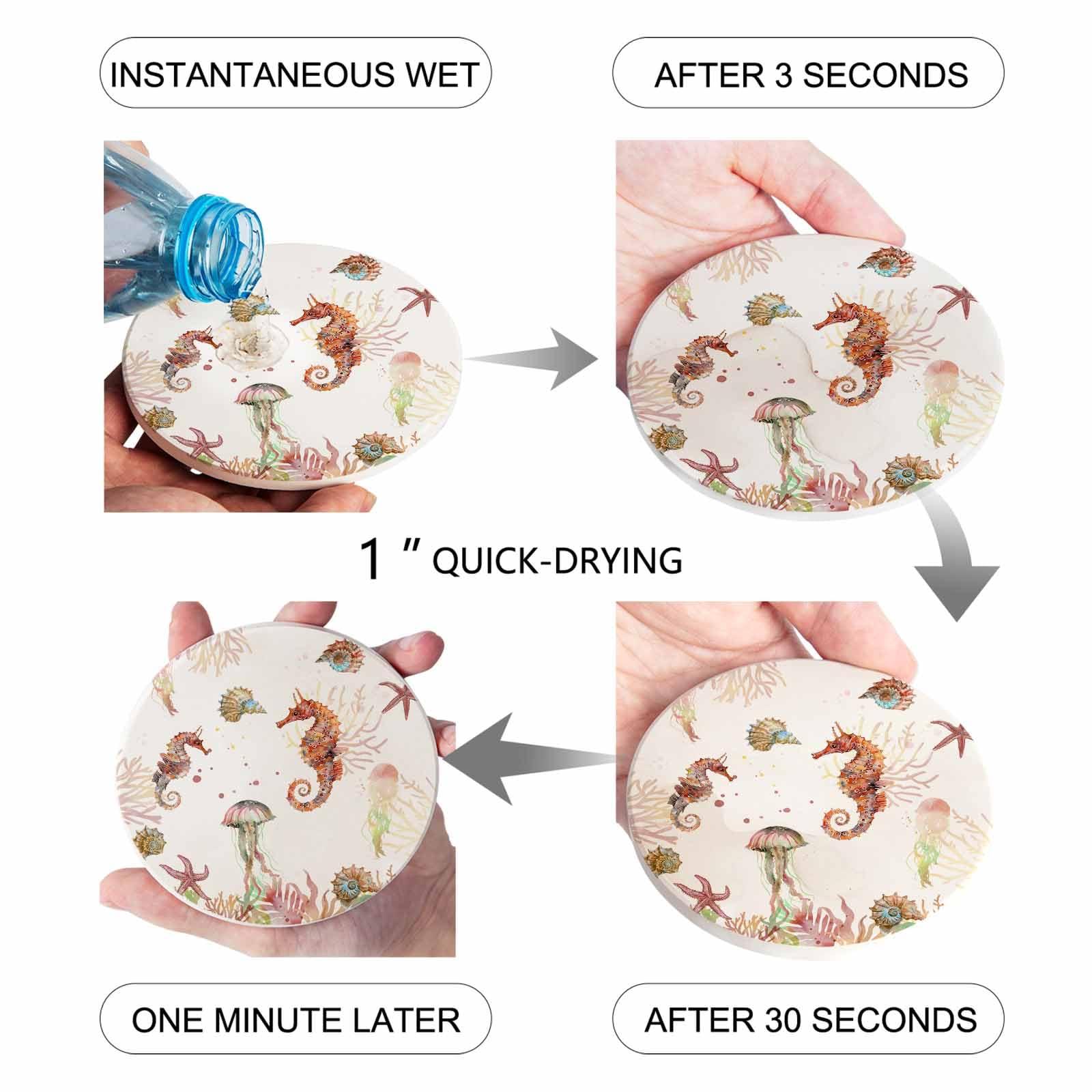 EwdeWwo Ocean Absorbent Coaster for Drinks with Cork Summer Marine Life Nautical Seahorse Starfish Ceramic Coasters Set for Room Decor, Bar, Housewarming, Holiday Party (6-Piece Set with Holder)