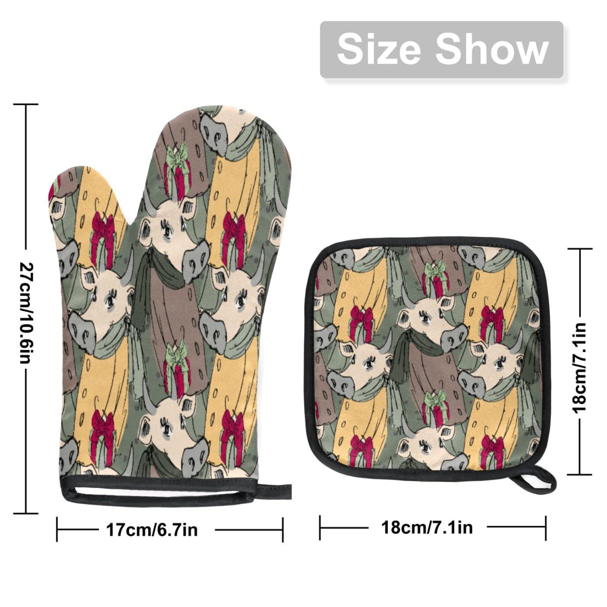 POFATO Gentleman Cow Oven Mitts and Pot Holders Sets Kitchen Oven Mitts Heat Resistant Non-Slip Potholders Oven Gloves and Hot Pads for BBQ Cooking Grilling Baking