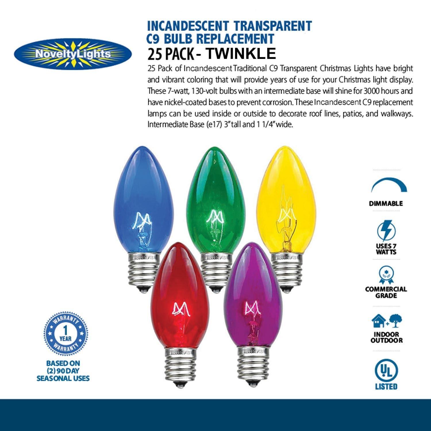 Novelty Lights Novelty Lights 25 Pack C9 Twinkle Outdoor Christmas Replacement Bulbs, Multi, E17/C9 Intermediate Base, 7 Watt…