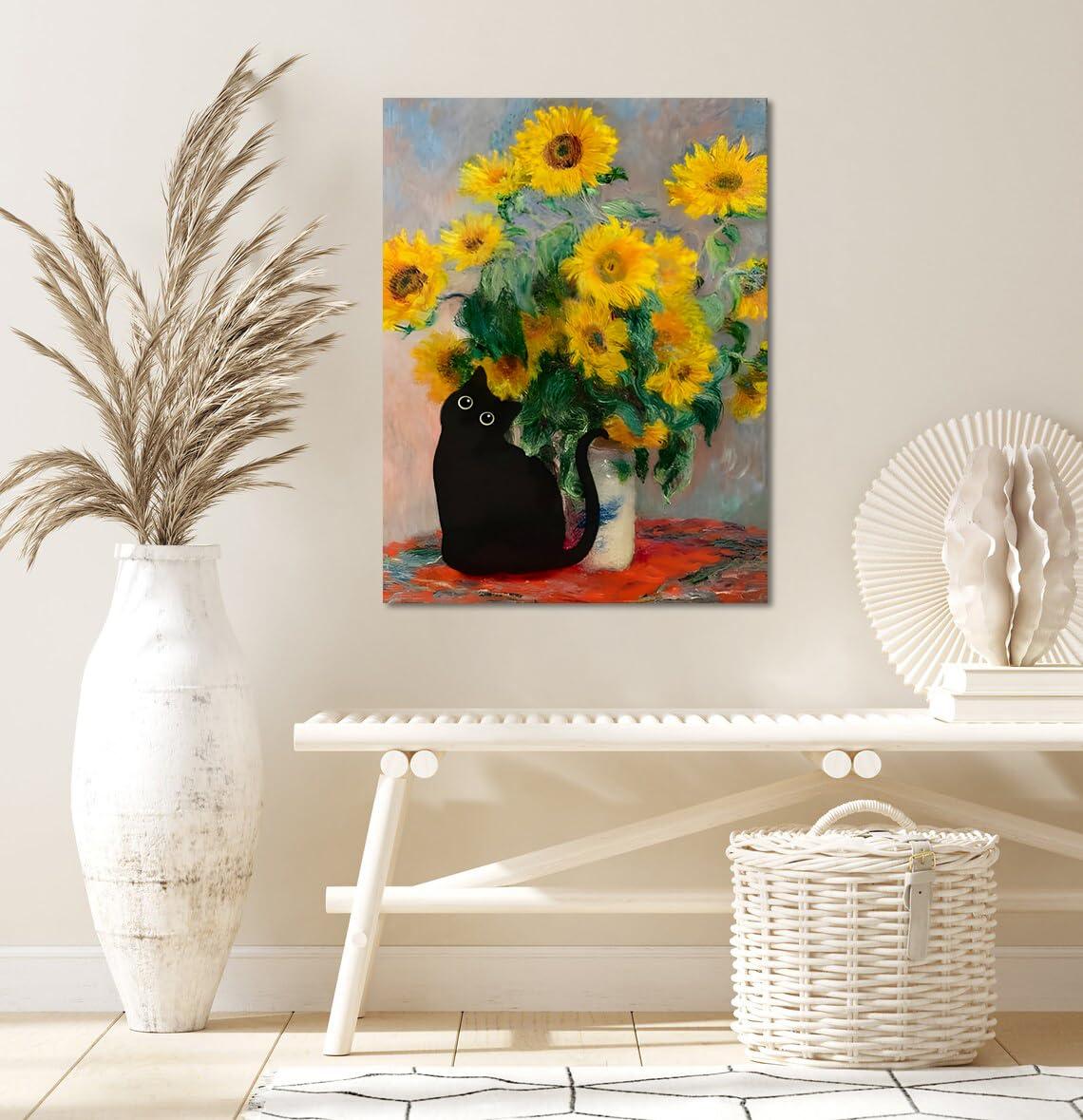 FOSULA Monet Cat Wall Art - Claude Monet Cat Wall Art Prints - Cat Monet Art - Monet Sunflowers Cat Canvas Print - Claude Monet Cat Poster - Monet Sunflowers Cat Wall Decor - Framed Ready to Hang