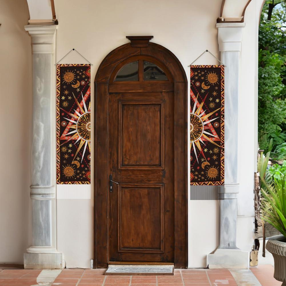 AHANDMAKER AHANDMAKER 2Pcs Burning Sun Tapestry, Star Sun and Moon Long Vertical Tapestry Wall Hanging, Celestial Sun Tassel Wall Tapestry Mystic Aesthetic Tapestry for Bedroom and Living Room(45.7x13 Inch)