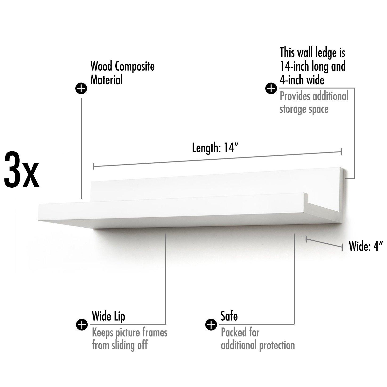 Americanflat Americanflat 14\" Floating Shelves for Wall - Set of 3 - Engineered Wood Floating Shelf with Lipped Ledge - Floating Wall Shelves for Bedroom, Bathroom, Kitchen, Office, and Living Room - White