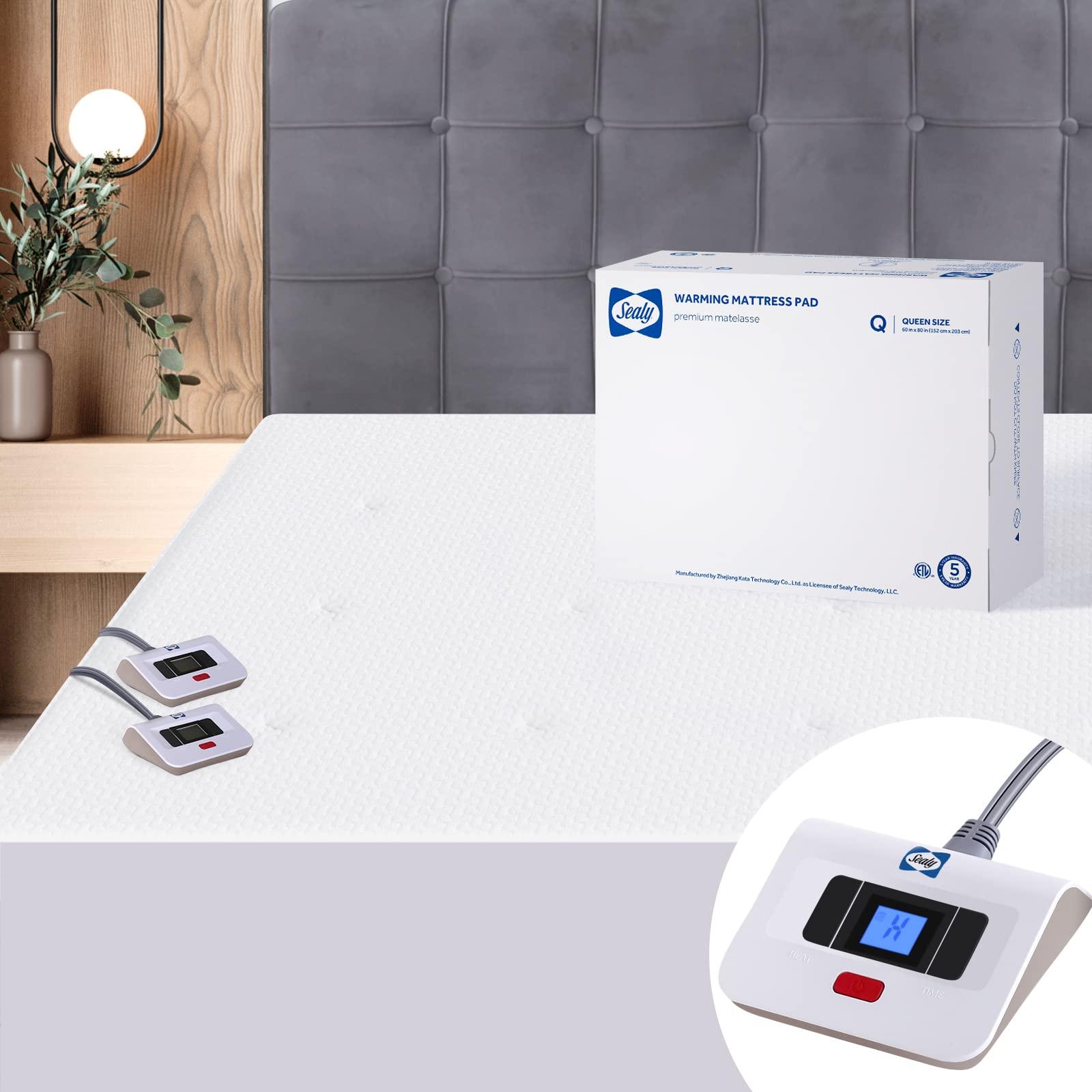 SEALY Sealy Heated Mattress Pad Queen Size, Zone Heating Electric Bed Warmer with Deep Pocket, 10 Heat Setting Dual Controller & 1-12 Hours Auto Shut Off, Knitted Breathable Heated Mattress Cover, White