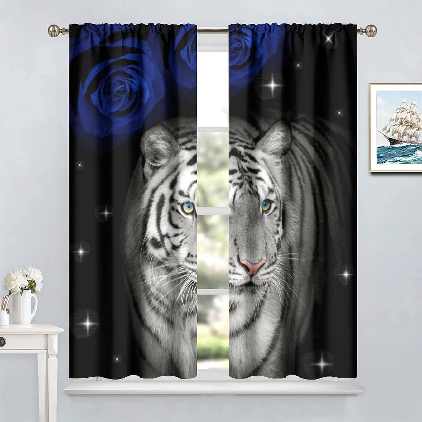 YCness Tiger Curtain for Bedroom, Blue Rose Leopard Kid Curtains Africa Wildlife Animal Theme Window Treatment, White Tiger Flower Drapes 2 Panel Sets,84x84 Inch