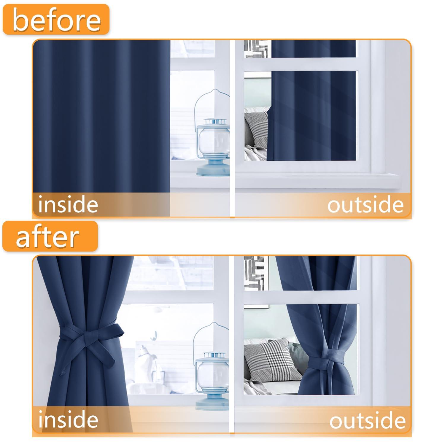 Hiasan Hiasan Short Blackout Curtains for Bedroom - Thermal Insulated & Energy Saving Window Curtains for Living Room, 2 Drape Panels Sewn with Tiebacks, Navy, 38 x 45 Inch