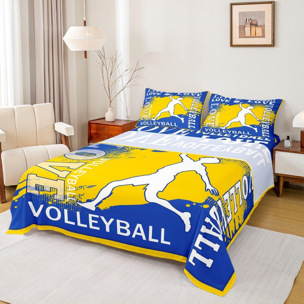 Homewish Volleyball Player Kids Sheet King Size,Sports Games Competition Lover Bedding Set,Girls Boys Adults Room Decor,Yellow Graffiti Fashion Blue Chic Bed Sheet Set 4pcs(Fitted + Flat + 2 Pillowcases)