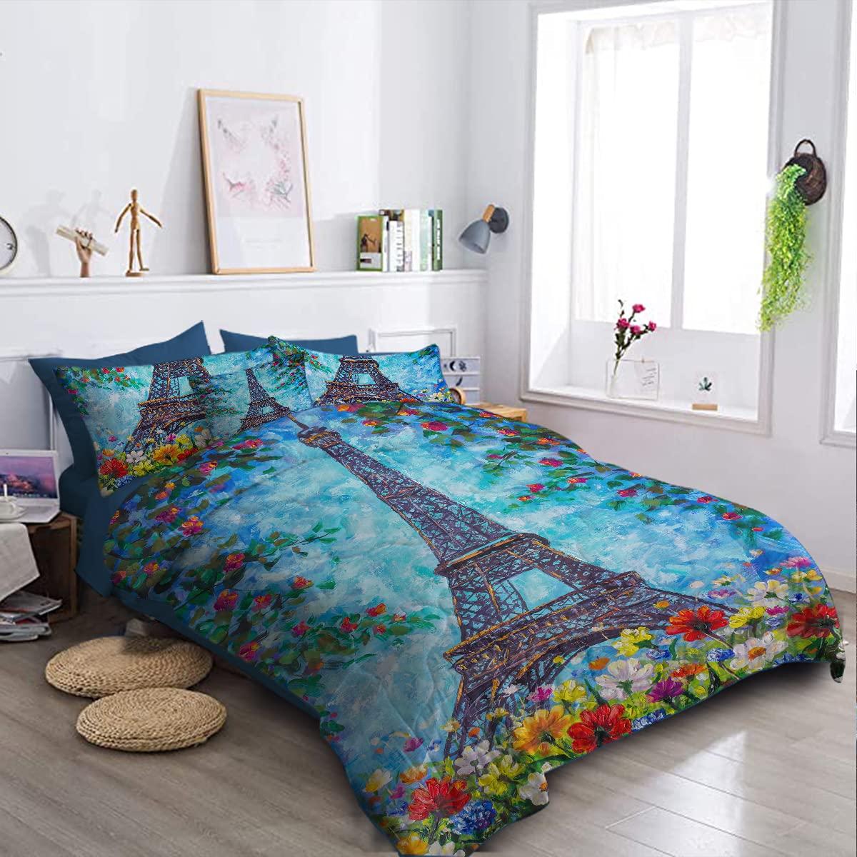BlessLiving BlessLiving Eiffel Tower Comforter Set Bed in A Bag - Retro Blue, Paris Spring Flowers Oil Painting 8 Pieces Bedding Sets Ultra Soft Microfiber Bedroom Comforters with Sheets and Shams (Queen)