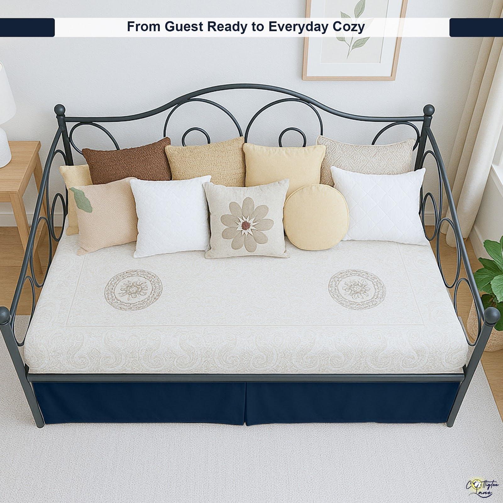 Cottington Lane Pleated Bed Skirt with Split Corners for Daybeds - Three Side Coverage - Made with Brushed Microfiber - Navy Blue Daybed Dust Ruffle Split Corners - Full 21 Inches Drop Daybed Skirt(Full/21\" Drop)