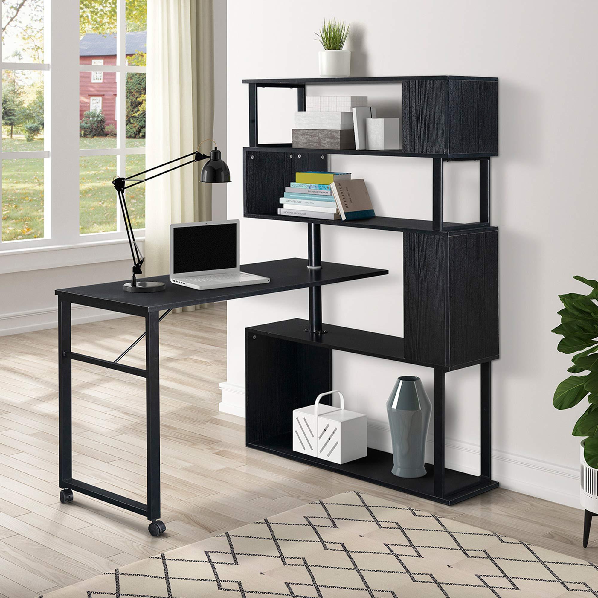 HomeLoft Basics Home Office Computer Desk L-Shaped Corner Table, Rotating Computer Table with 5-Tier Bookshelf, Four Installation Methods, Lockable Casters (Black)