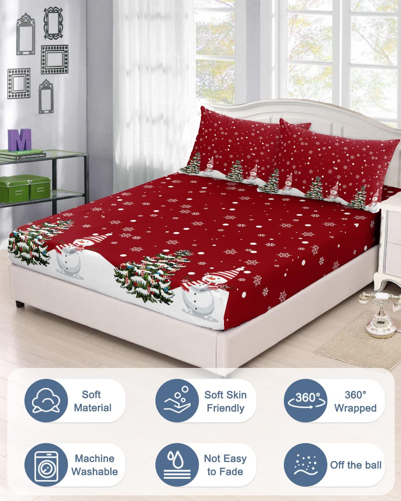 ZFUNCING Christmas Snowman on Snowy Season Fitted Bed Sheets Queen Size Fit 5-16inch Deep Pockets,Luxury Bottom Sheet Bedding Set with Pillow Case,Winter Whtie Snowflake on Red Fitted Sheet for Mattress
