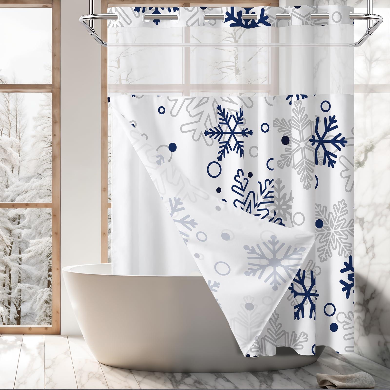 MEHOFOND MEHOFOND No Hook Winter Snowflake Shower Curtain, Hookless Christmas Shower Curtain,Blue and Grey Xmas New Year Holiday Bathroom Bathtubs Decor with Snap in Liner, Waterproof Polyester Fabric 71X74in