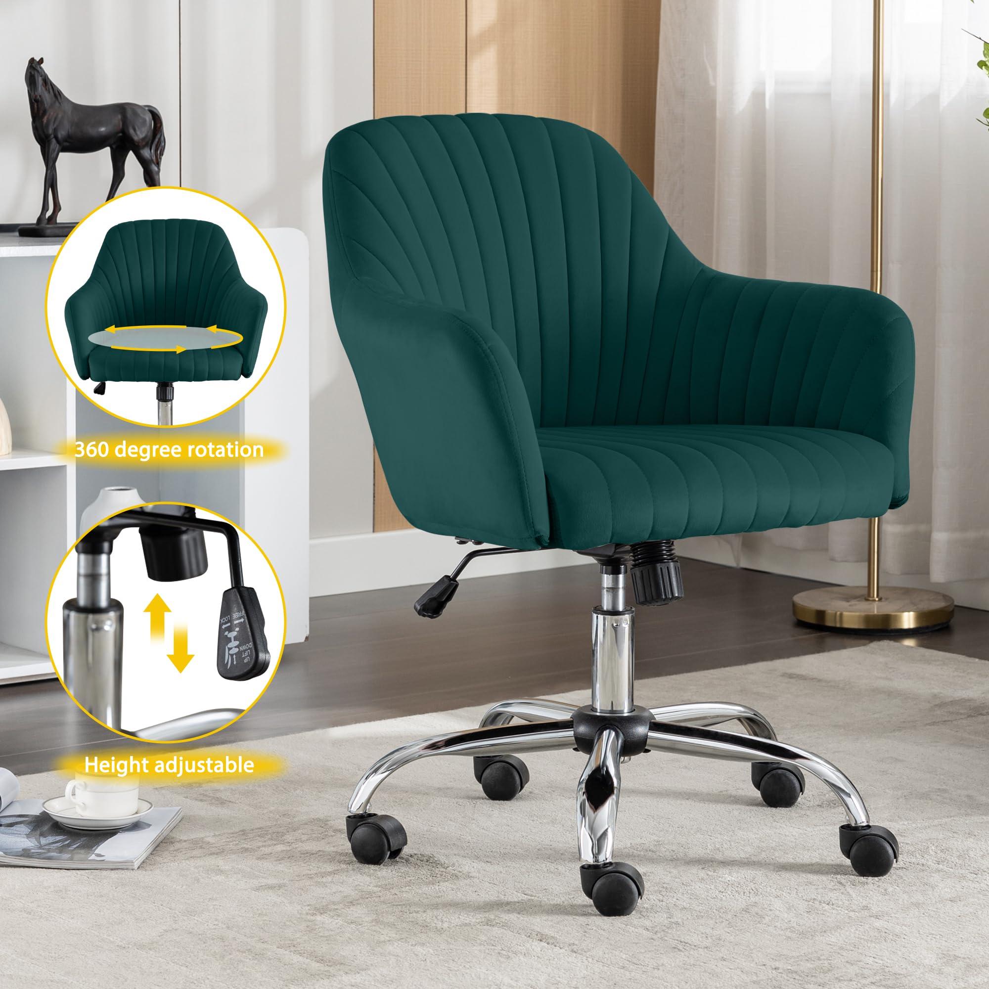Gustonhon Gustonhon Home Office Desk Chair,Vanity Chair Modern Velvet Adjustable Low Back Rolling Chair Twill Upholstered Cute Decorative Chair,Desk Chairs with Wheels for Bedroom,Vanity Room,Classroom (Green)