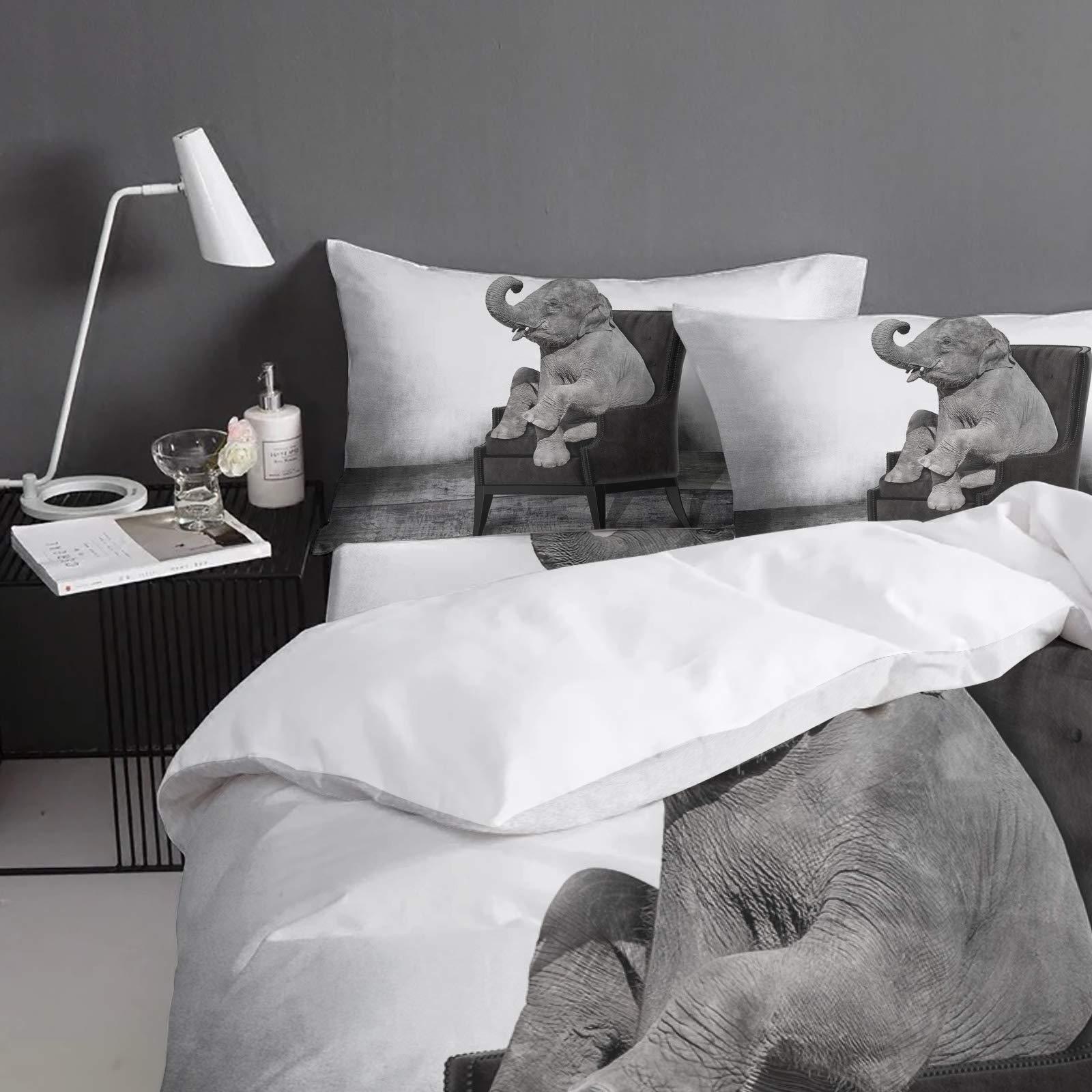Debedcor Twin Comforter Covers Sets Elephant on The Chair 4 Piece Duvet Cover Set Lightweight Microfiber Soft Bedding Set for Adult Teen, White Black Backdrop