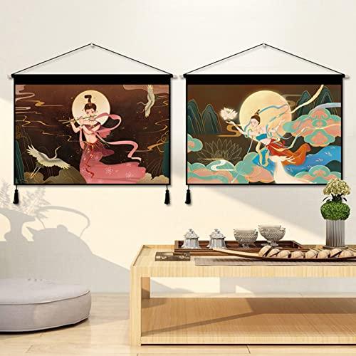 ThAyLa Handmade Tassel Wall Tapestry, Tassel Tapestry Wall Hanging Dunhuang Flying Fairy,small Wall Tapestries with Tassels,Cotton Linen Fabric Wall Art Tapestry for Dining Room Office,P-45x65cm (Color : L