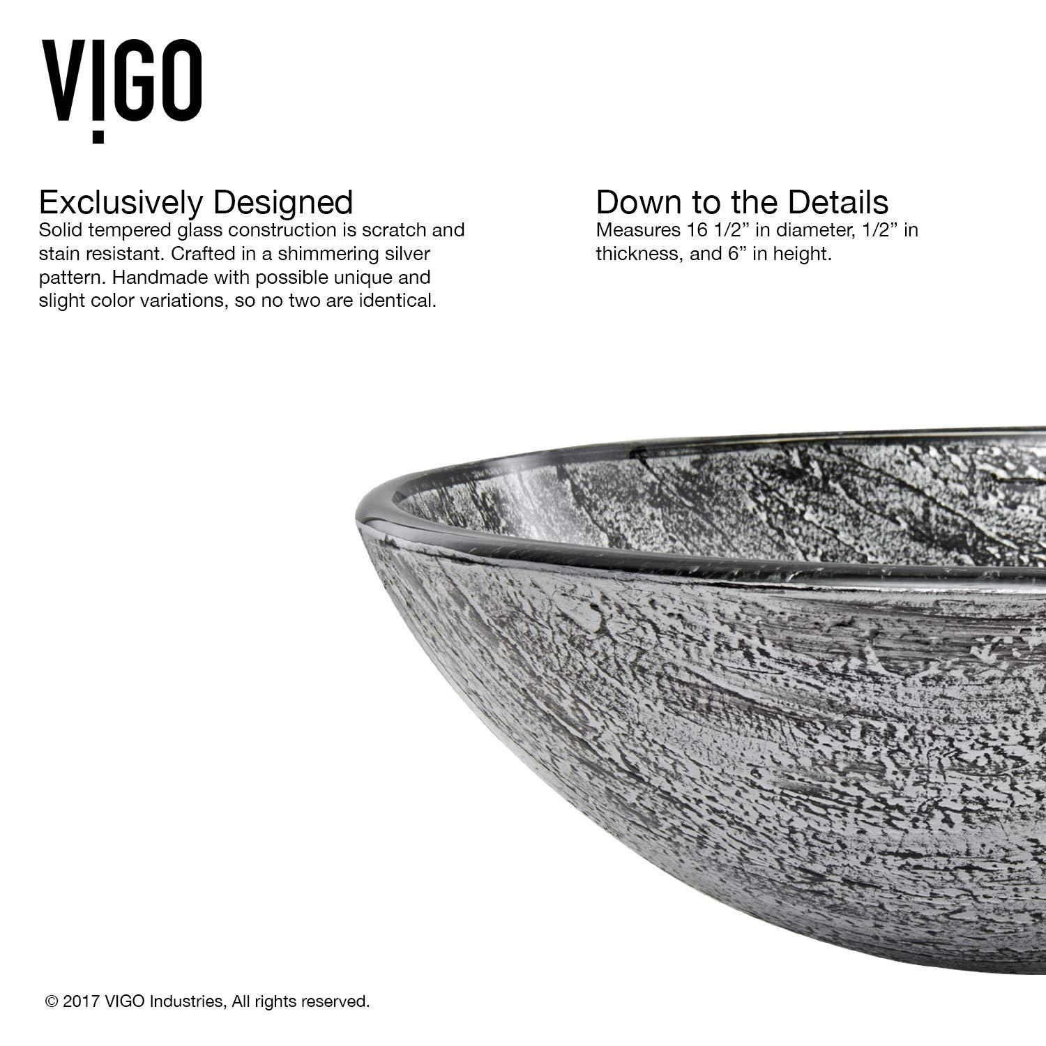 VIGO VIGO 17\" L -17\" W -12\" H Titanium Glass Round Vessel Sink Set in Slate Gray with Faucet and Drain -VGT559