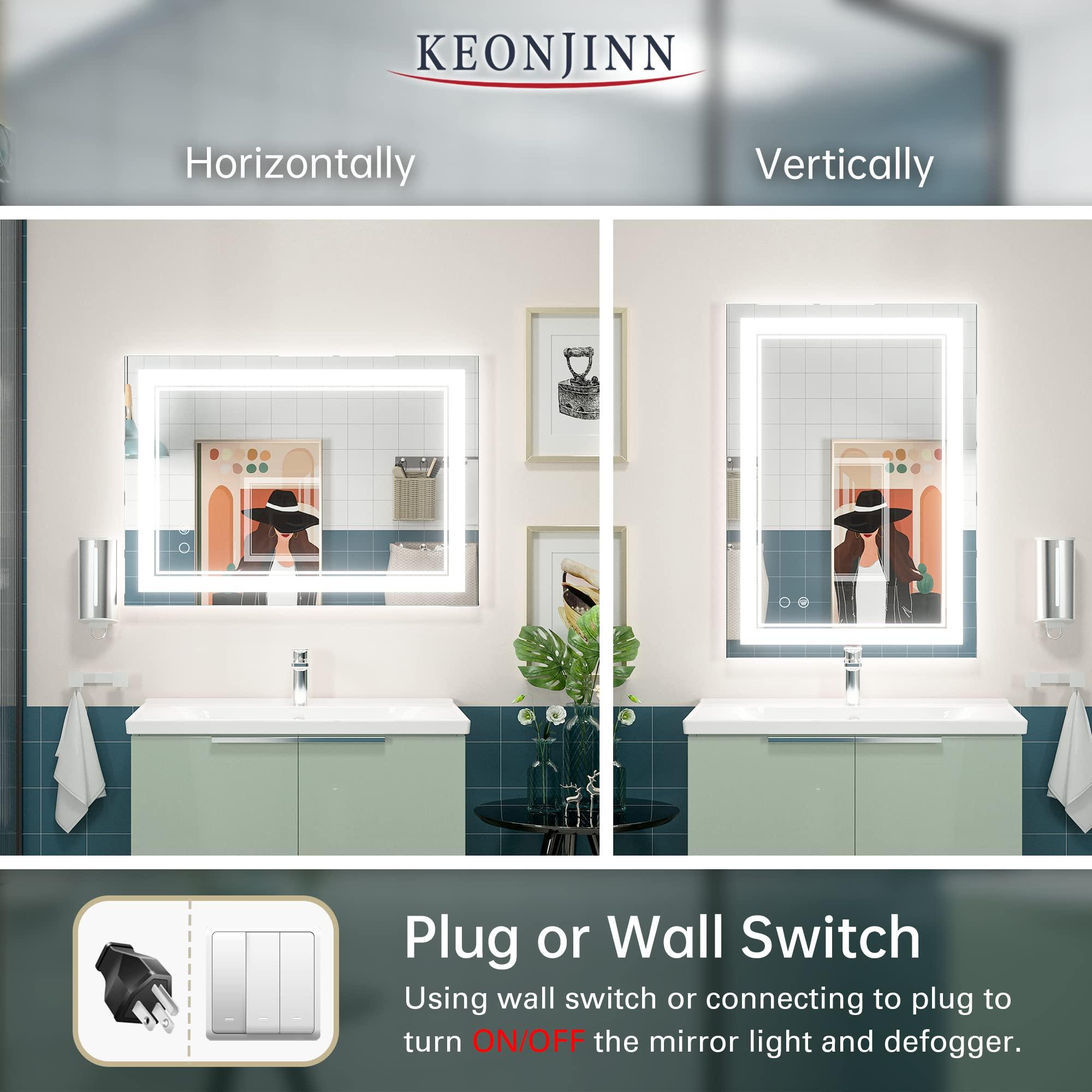 Keonjinn Keonjinn 20 x 28 Inch LED Mirror Bathroom Mirror with Front Lights, UL Listed LED Driver, Wall Mounted Lighted Vanity Mirror, Anti-Fog Dimmable Bathroom LED Mirror, 6000K(Horizontal or Vertical)