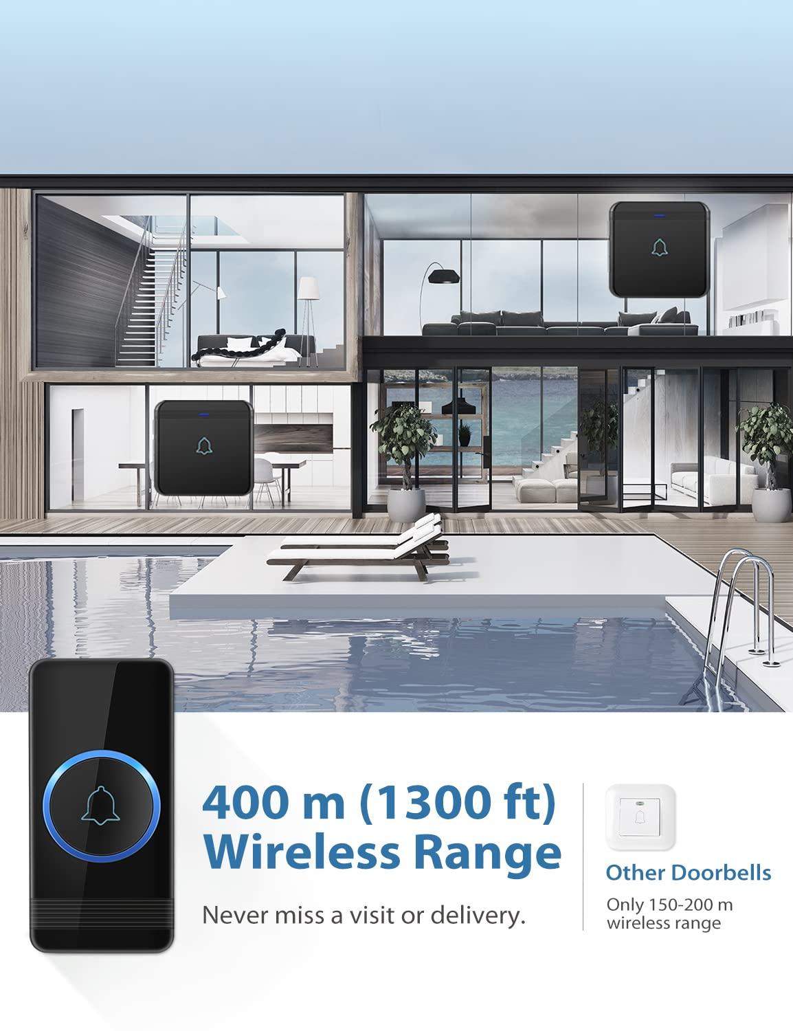 AVANTEK AVANTEK Wireless Doorbell, D-3B Waterproof Door Chime Kit Operating at over 1300 Feet with 2 Plug-In Receivers, 52 Melodies, CD Quality Sound and LED Flash