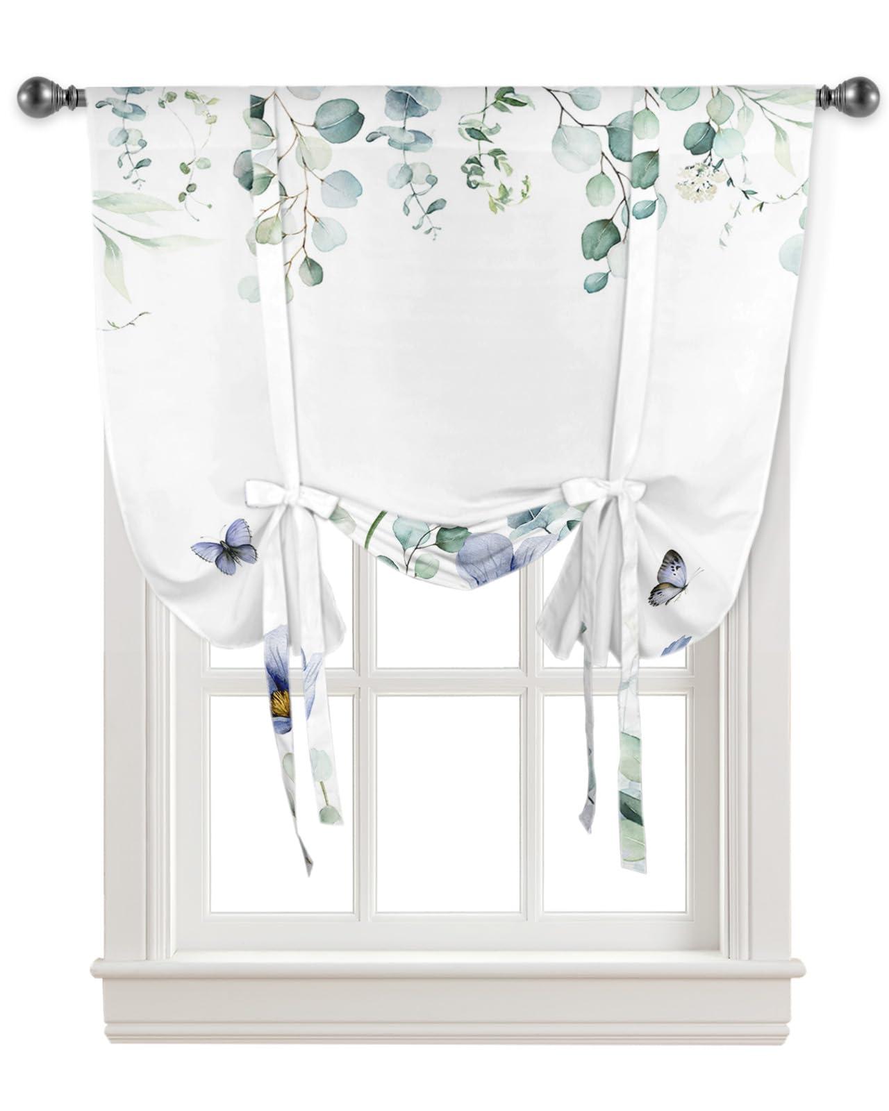 Yukro Yukro Tie Up Curtains Window Shades,Blue Tulip Flower Butterfly Eucalyptus Leaves White Background Rod Pocket Tie Up Window Shade,Adjustable Balloon Curtain Shade for Blinds Kitchen Bathroom,42"x45"