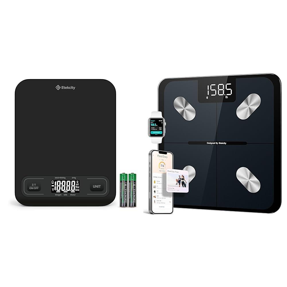 Etekcity Etekcity Food Kitchen Scale, Digital Grams and Ounces Medium, Black & Scale for Body Weight and Fat Percentage, Smart Accurate Digital Bathroom Body Composition Bluetooth Weighing Machine 400lb