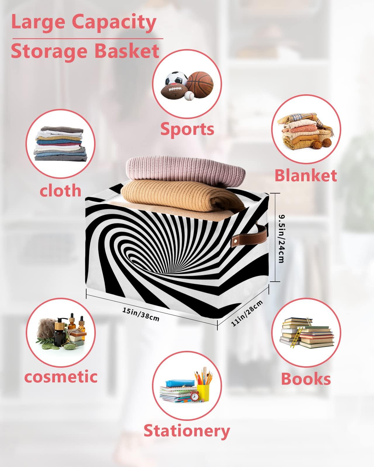 Shine-Home Visual Vortex Optical Cube Storage Organizer Bins with Handles,15x11x9.5 Inch Collapsible Canvas Cloth Fabric Storage Basket,Books Bin Boxes Black White Plaid Illusion Trippy 1 Pack
