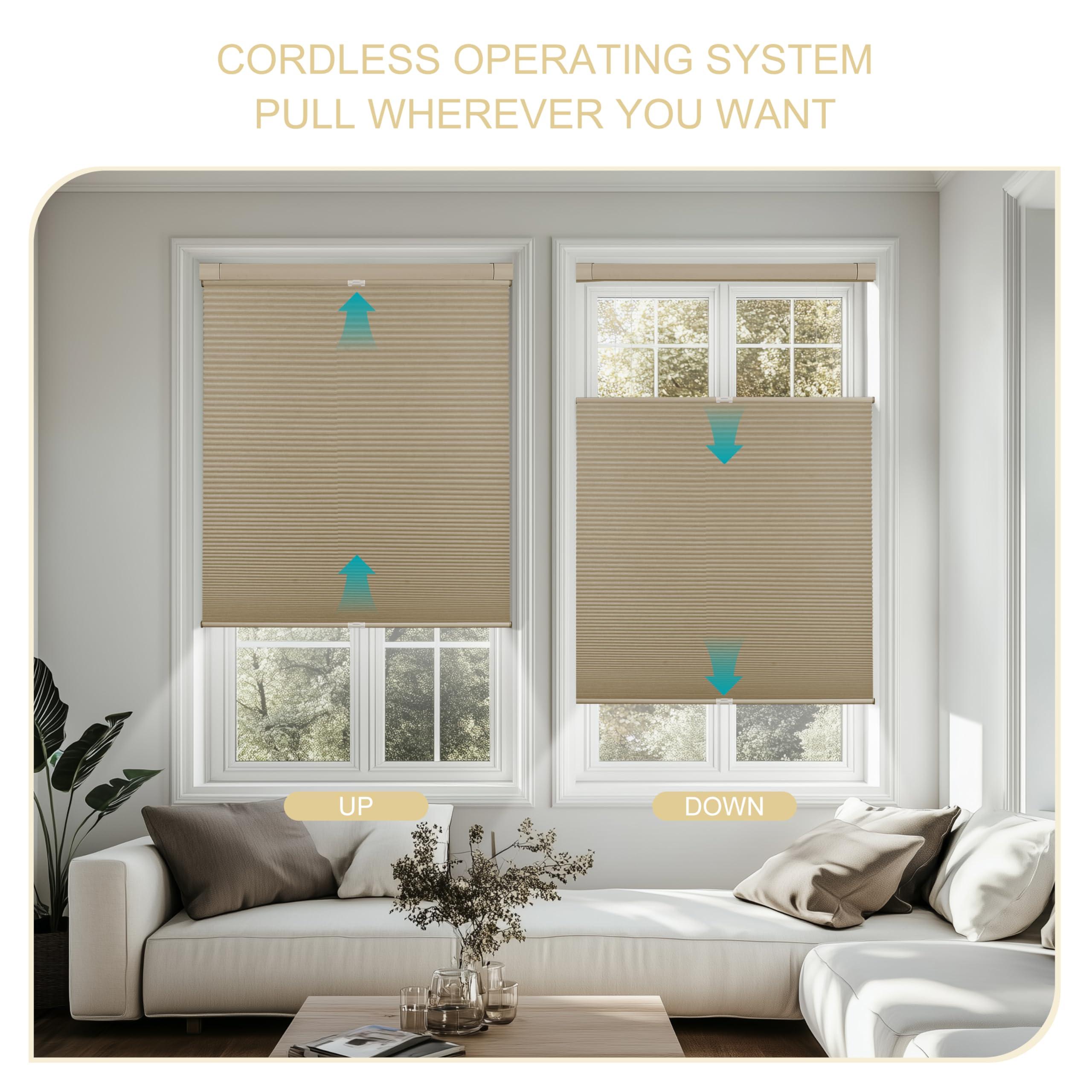 Sulugood Sulugood No Tools No Drill Honeycomb Blinds Top Down Bottom Up Cellular Shades No Screw Tension Blinds for Windows Easy to Install 24" W x 78" H ?100% Blackout Dark Brown