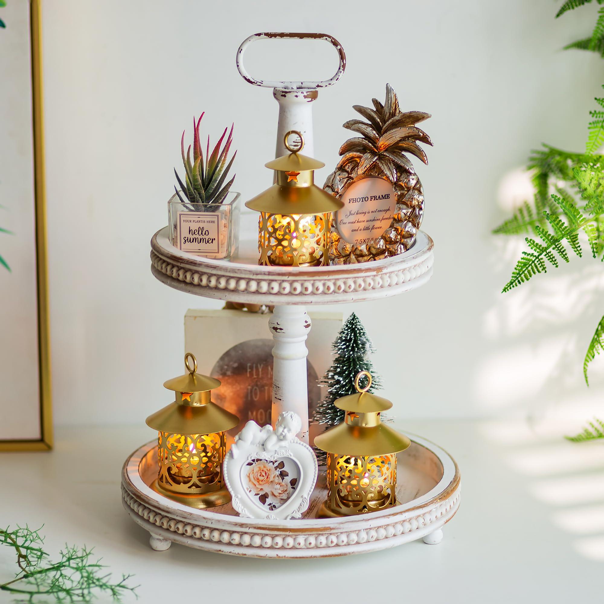 Hanobe Hanobe Two Tiered Tray Stand: Farmhouse 2 Tier Decorative Tray White Round Wooden Serving Tray Rustic Coffee Table Centerpieces Living Room Kitchen Home Decor Fall Halloween for Mom.