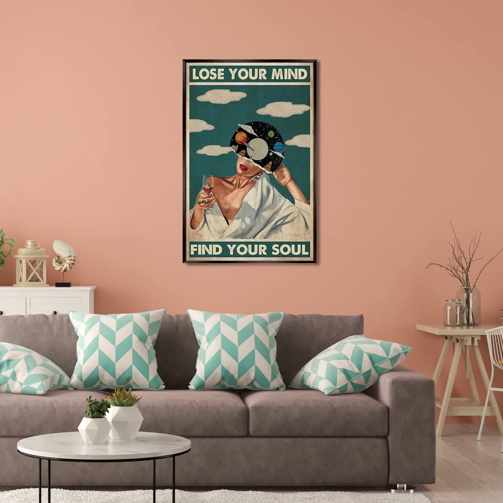 Quark Quark Vintage Lose Your Mind Find Your Soul Poster Mental Health Canvas Wall Art Abstract Aesthetic Music Girl Print Painting Modern Mid-Century Wall Decor for Bed Room Bathroom 12x16in Framed