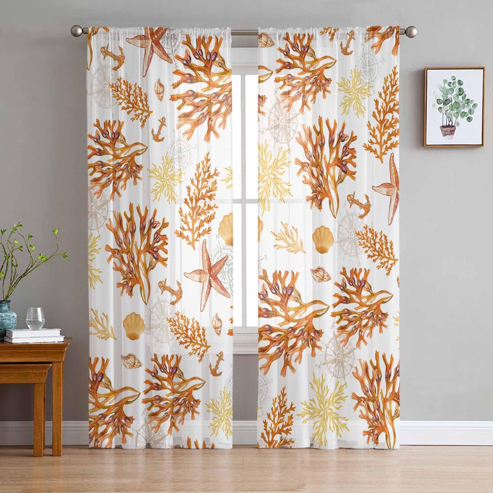 TocaHome TocaHome Sheer Window Curtains 2 Panel Sets, Voile Window Curtain Panels Ocean Sealife Orange Simple Coral Starfish Conch Shell Light Filtering Drapes for Living Room/Bedroom/Kitchen 52" Wx63 L