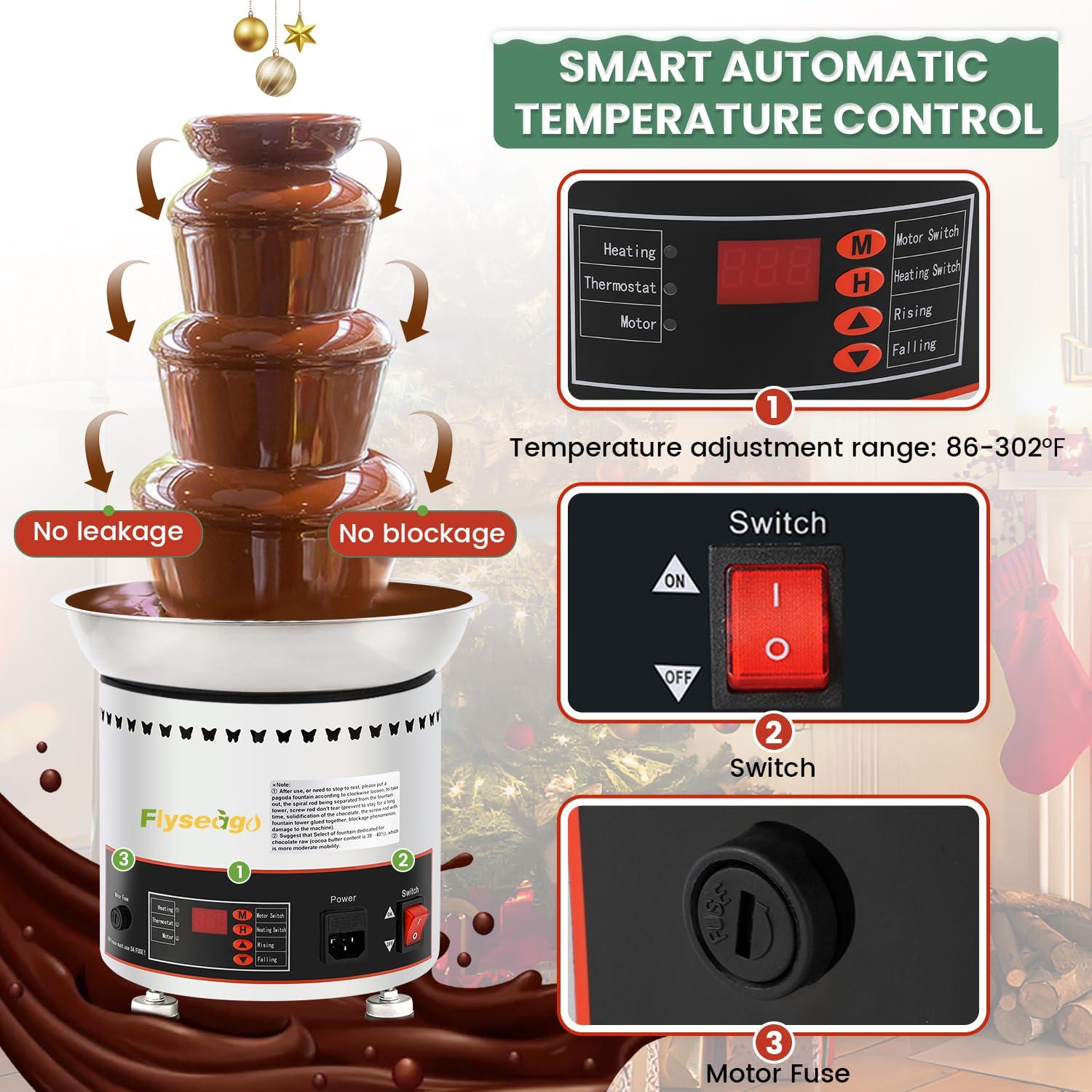Flyseago Flyseago Commercial Chocolate Fountain 4 Tiers 7Lbs Large Chocolate Waterfall Stainless Steel Chocolate Heating Melting Fondue Machine Easy to Assemble for Cheese BBQ Sauce Ranch Digital-control