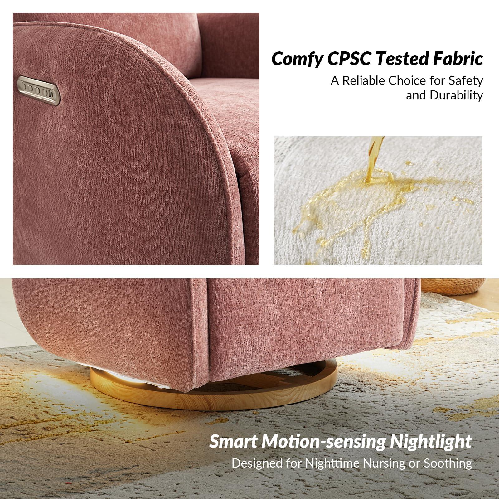 The support you need Premium Power Nursery Glider Recliner Chair with 240-degree Swivel Rocker Recliner and Adjustable Headrests, Modern Electric Recliner with USB Port and Nightlight for Nursing Room Bedroom, Pink