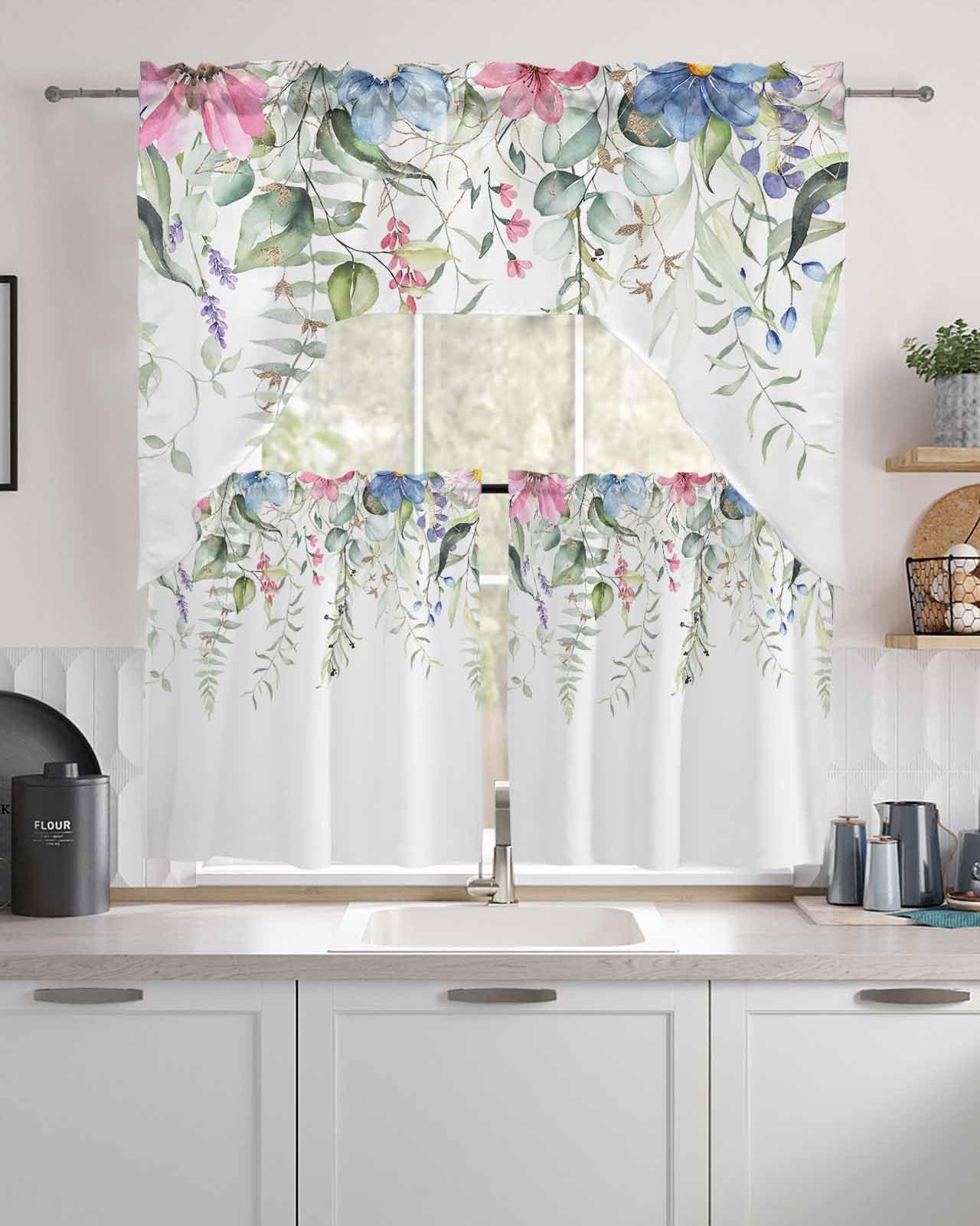 AMZRicher Eucalyptus Kitchen Curtains Swag Valance and Tier Curtains Set 36 Inch Length, Rod Pocket Drape Panels Pair Swag Curtains for Bathroom/Cafe/Window Spring Botanical Leaves Floral Simple White