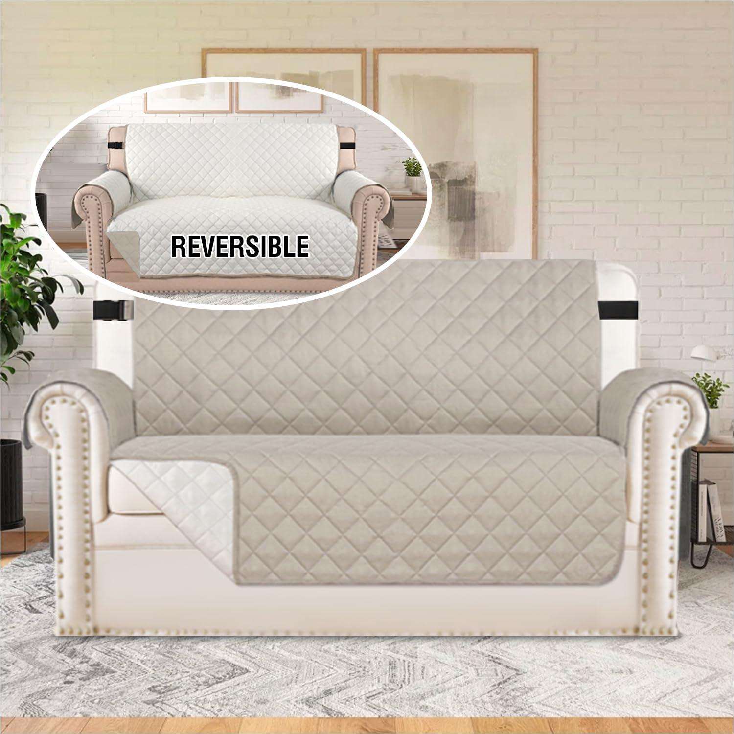 H.VERSAILTEX H.VERSAILTEX Reversible Couch Cover for 2 Cushion Couch Water Resistant Loveseat Washable Furniture Cover with Non-Slip Elastic Strap for Dogs, Pets, Kids(Oversized Loveseat, Pale Oak)