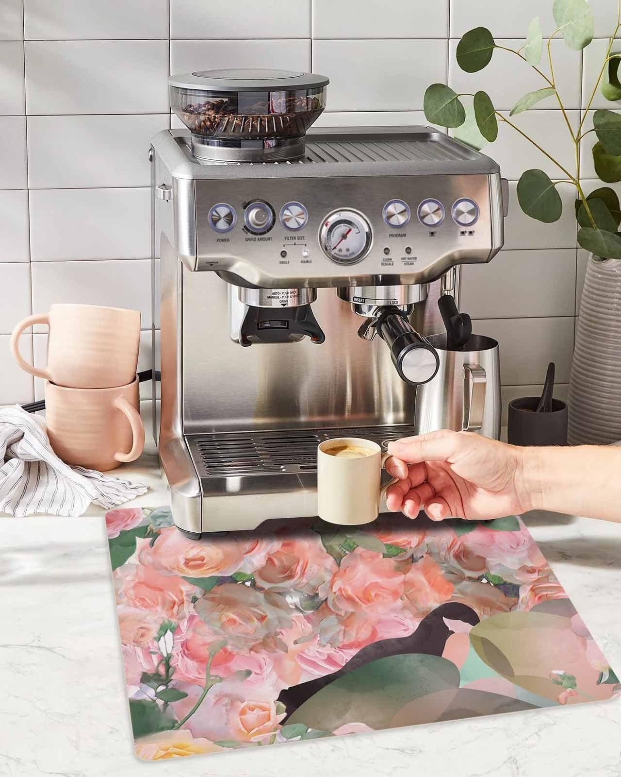 ZOE STORE ZOE STORE Coffee Bar Mat Spill Mat for Countertops, Pink Spring Floral Dish Drying Mat for Kitchen Accessories, Rustic Summer Botanical Modern Kitchen Counter Mat Water Absorbent, 16 x 18 Inches