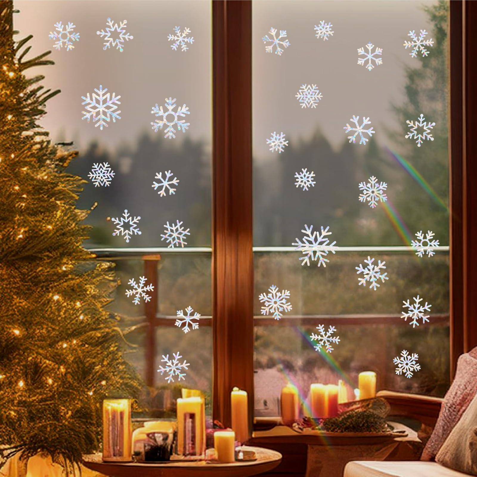 Barri Design Christmas Snowflake Window Clings for Glass Windows Static Cling Snow Window Decals Anti-Collision Winter Window Stickers for Bird Strikes Vinyl Stickers Suncatcher Rainbow Stickers