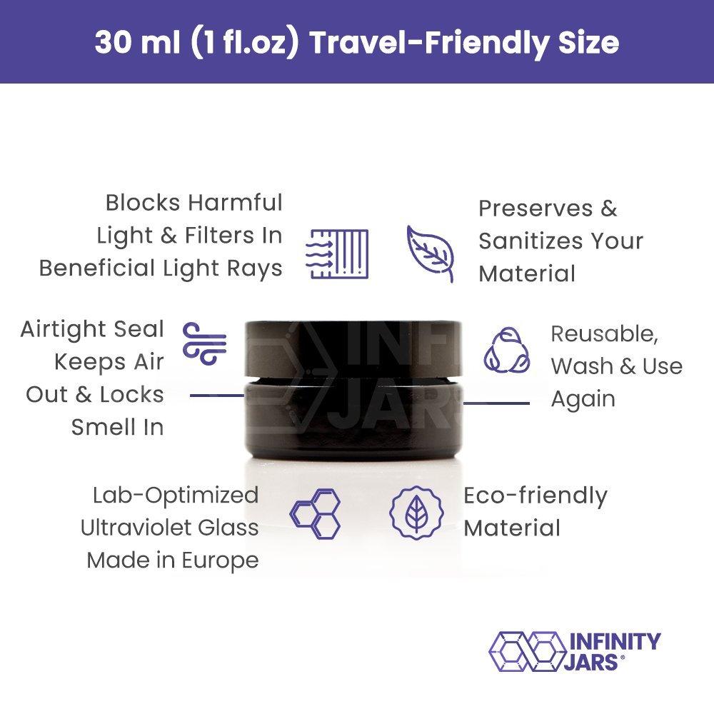 Infinity Jars Infinity Jars Screw Top Jar 30 Ml (1 fl oz) Black Ultraviolet Refillable Cosmetic Style Travel Bottles Glass Jar Empty Cosmetic Lotion Containers for DIY Beauty products, Creams or Ointment Sample