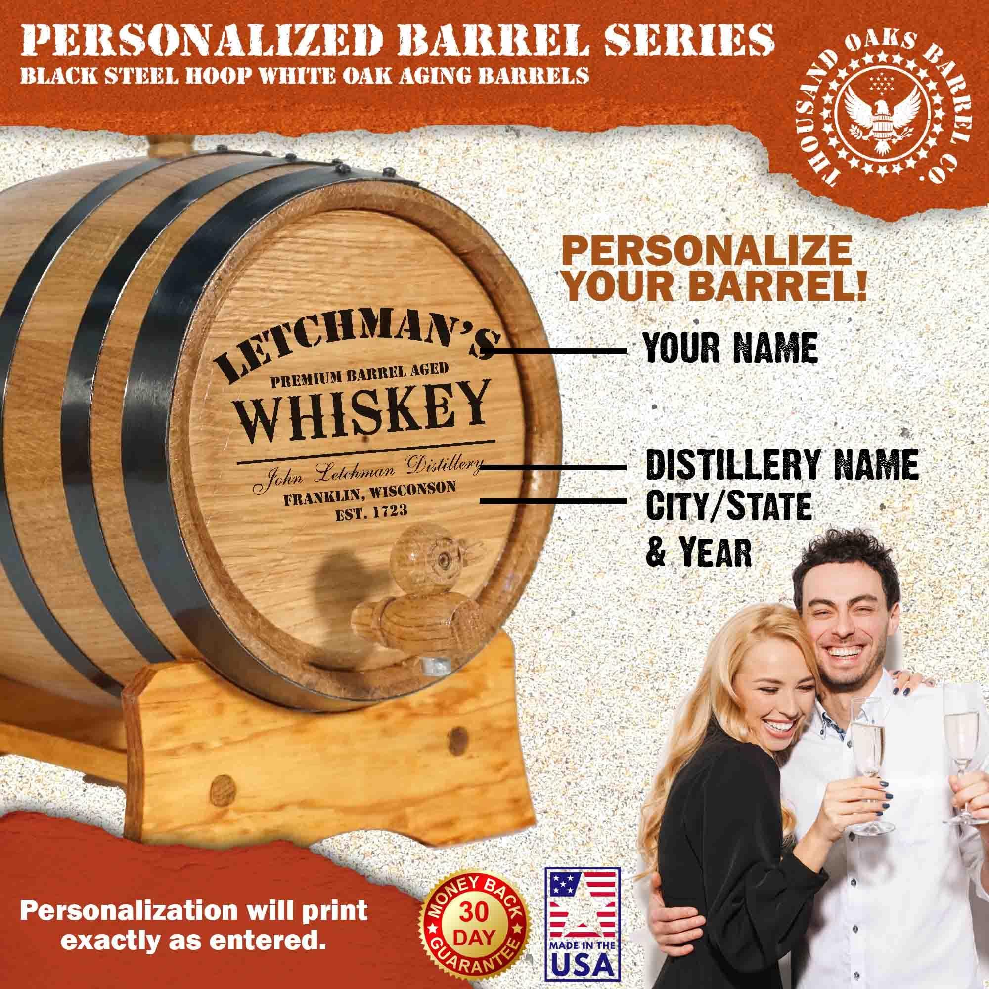 THOUSAND OAKS BARREL Personalized 2 Liter Oak Aging Barrel with Wood Stand, Bung & Spigot - Age Cocktails, Bourbon, Whisky, Rum, Tequila, Mead Wine - 2L Mini Whiskey Aging Barrels (P5)
