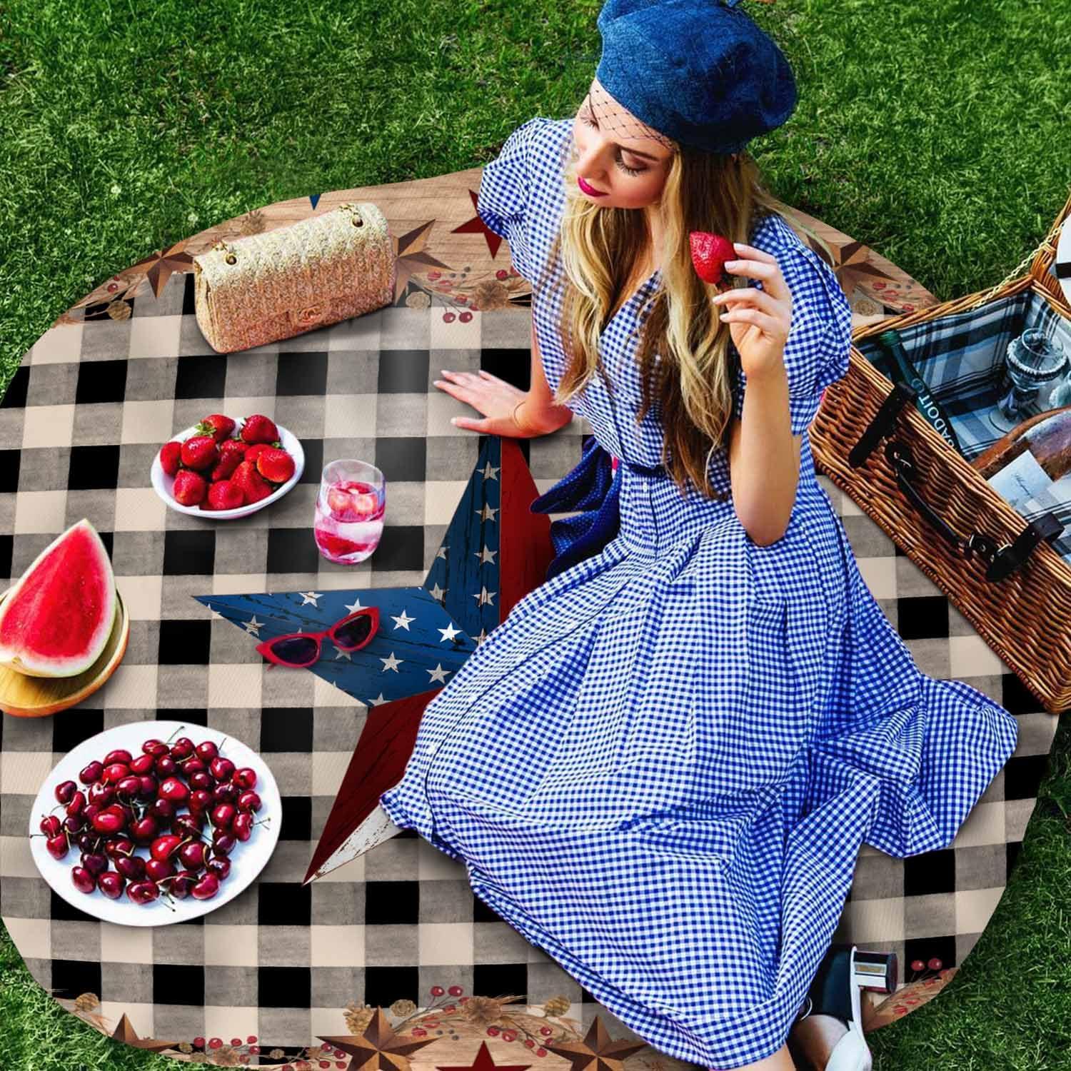 Falaniique Country Star Brown Round Tablecloth Waterproof 54 In,Small Kitchen Party Side Table Outdoor Patio Table Cloth Spill-Proof Wipeable Cover for Christmas Wedding,Retro Farmhouse Buffalo Plaid Black