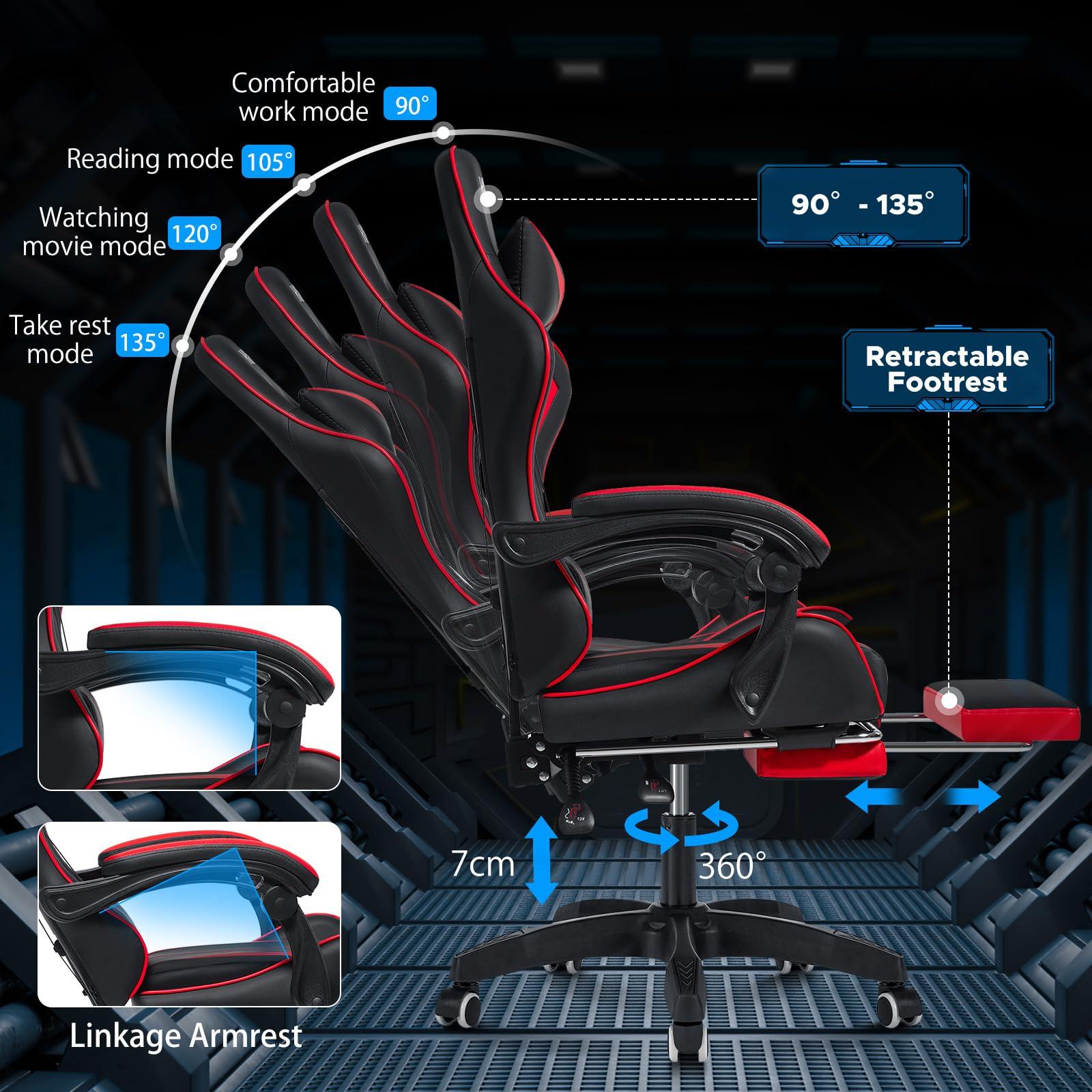 HOFFREE HOFFREE Massage Gaming Chair for Kids Computer Gamer Chair with Footrest and Lumbar Support Reclining PC Game Chair with Headrest for Gaming Room Red and Black