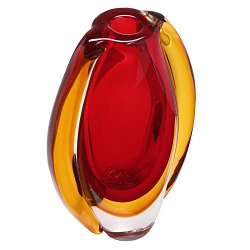 Luxury Lane Luxury Lane Hand Blown Sommerso Oval Art Glass Vase for Decor Centerpiece Table Decoration Red 8.5 inch tall